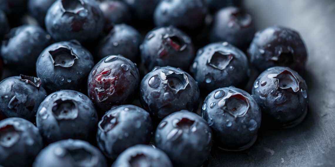 Fresh blueberries in a bowl showing nutrition and calorie content