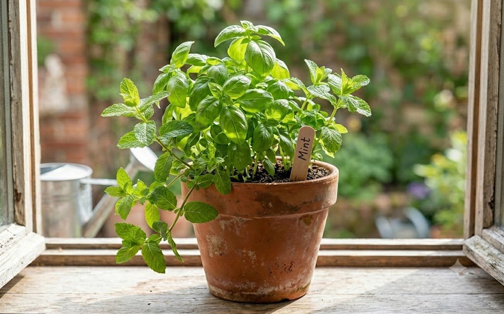 Basil, mint, and parsley growing together in containers