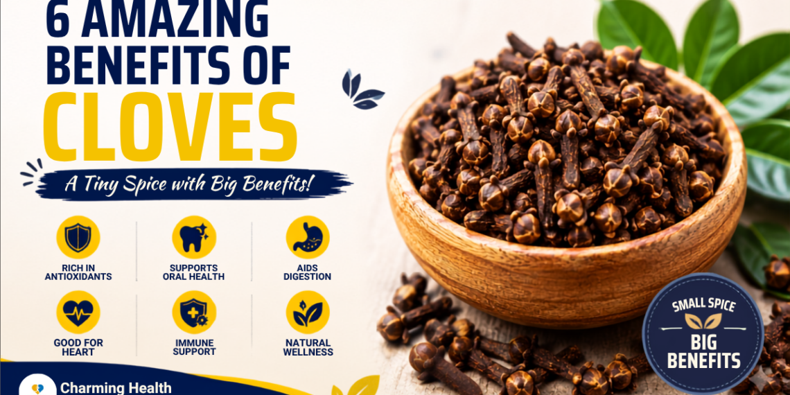 Wooden bowl filled with whole cloves showing the health benefits of cloves for digestion, immunity, antioxidants, and overall wellness.
