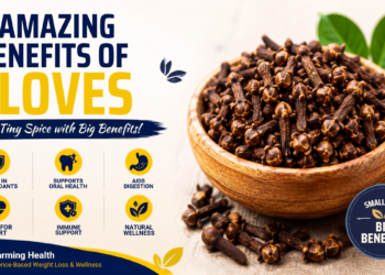 Wooden bowl filled with whole cloves showing the health benefits of cloves for digestion, immunity, antioxidants, and overall wellness.