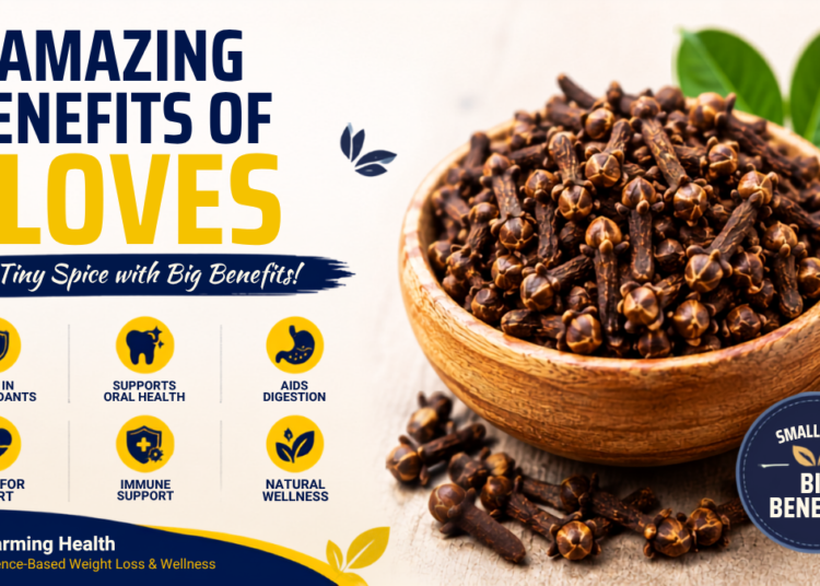 Wooden bowl filled with whole cloves showing the health benefits of cloves for digestion, immunity, antioxidants, and overall wellness.