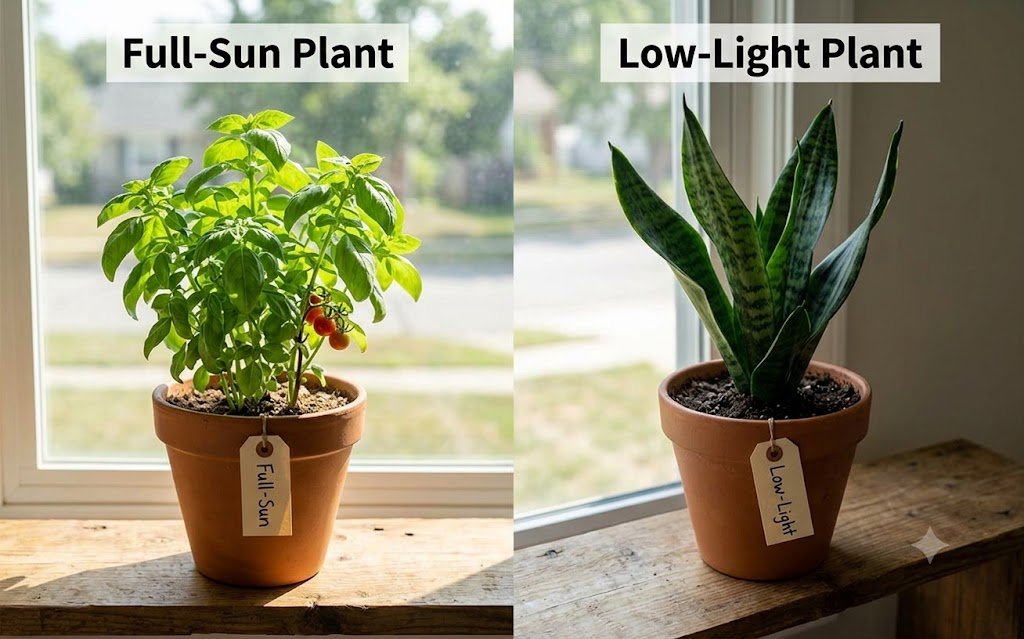 Comparing full sun and low light plant placement at home
