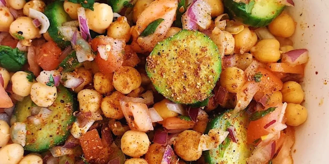 Healthy chana chaat with chickpeas, cucumber, tomatoes, red onion and fresh coriander