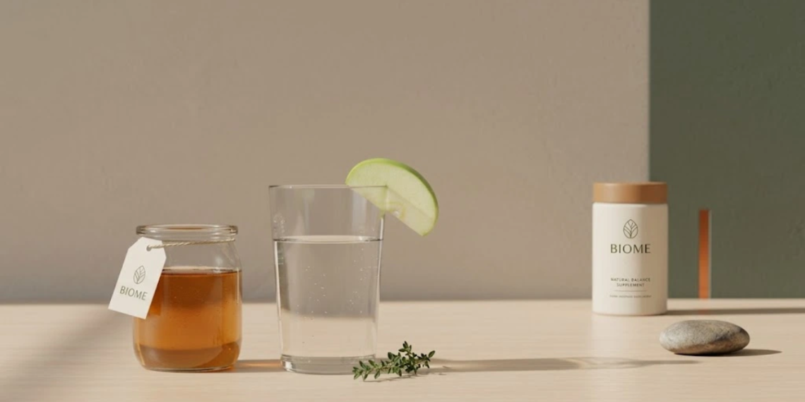 Glass of diluted apple cider vinegar with fresh apples on a kitchen counter.